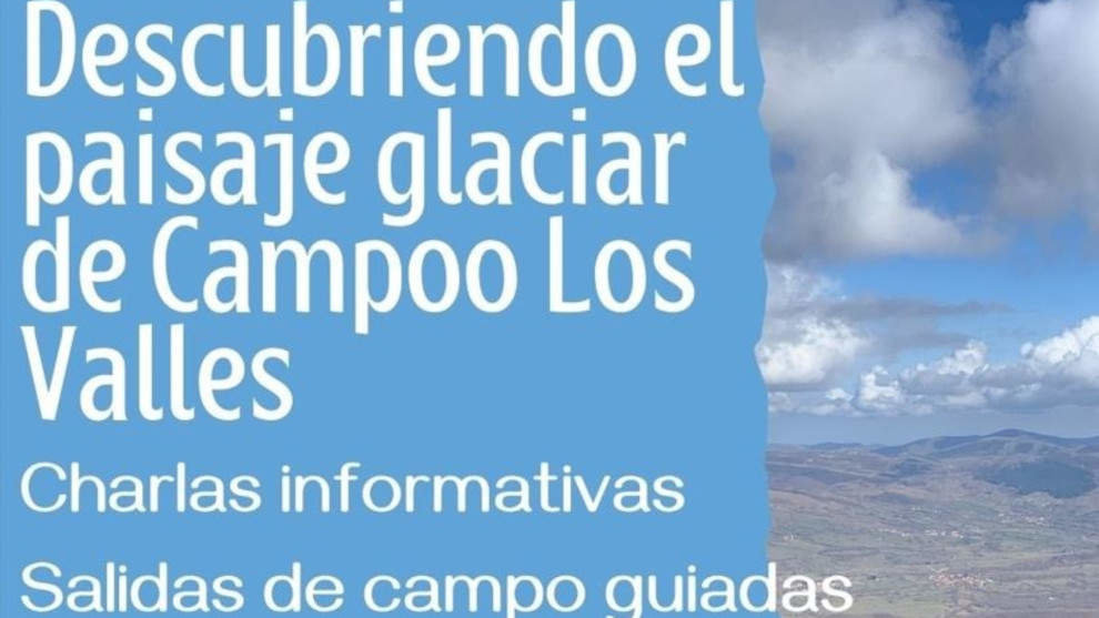 Cartel de los talleres de la ADT Campoo Los Valles sobre el paisaje glaciar de la comarca