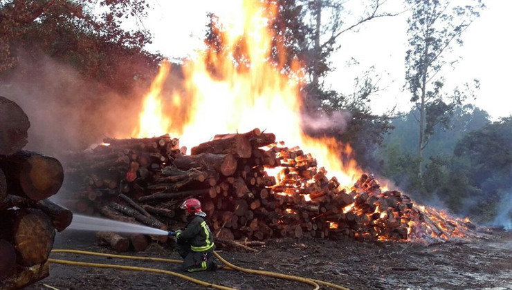 Las llamas del incendio en el depósito de madera han alcanzado una altura importante
