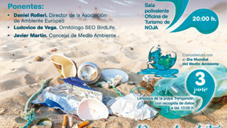 Detalle del cartel de &#39;Noja Saludable&#39; sobre basuras marinas
