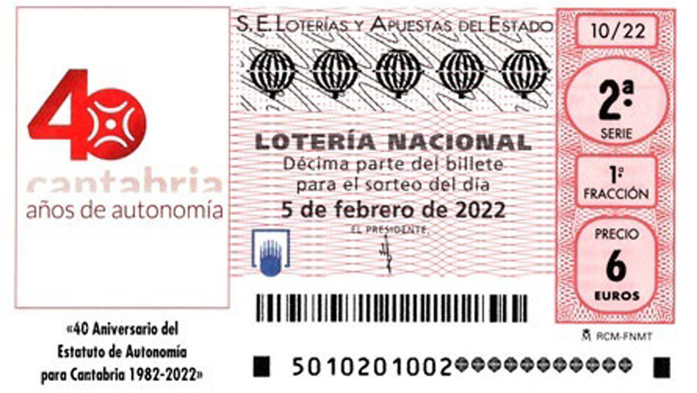 Décimo de Lotería Nacional con el logo del 40 Aniversario del Estatuto de Autonomía de Cantabria