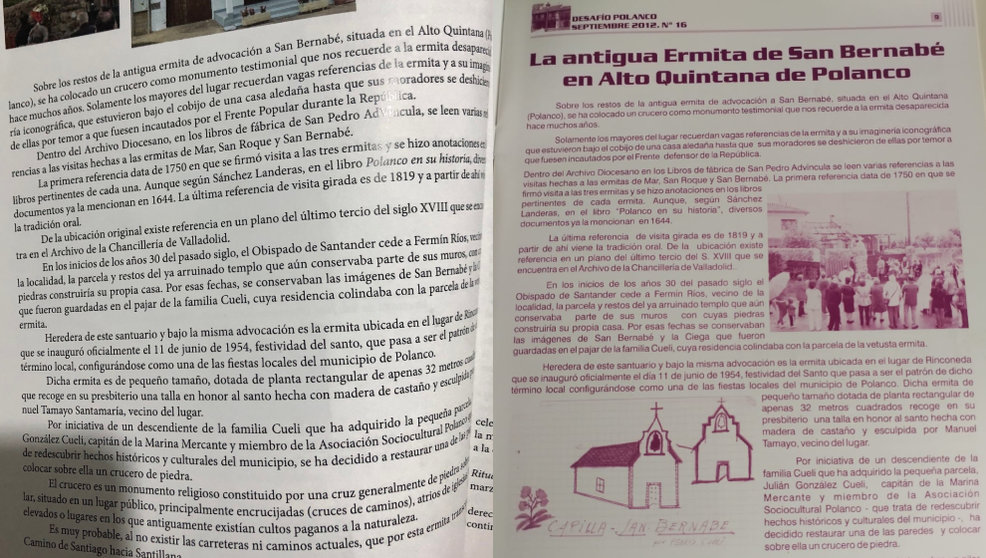 A la izquierda, página del libro 'Polanco. Este es nuestro pueblo', de 2022, y a la derecha, la de la revista 'Desafío', de 2012